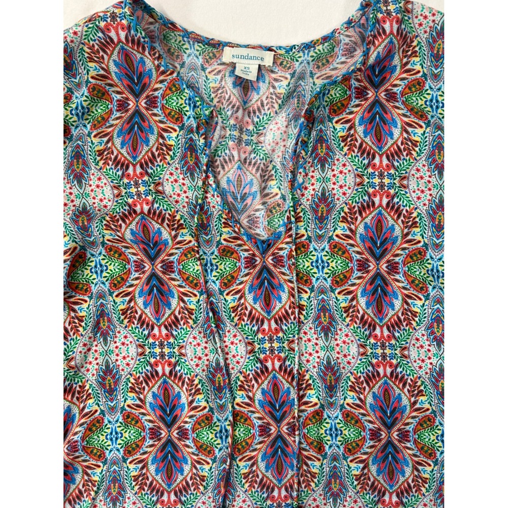 Sundance‎ Women XS Artsy Hippie Boho Paisley Modal Blouse Tassel Tie Bell Sleeve